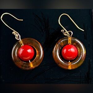 Vintage Round Lucite Tortoise Shell w/Red Coral Euro Hook Dangling Earrings